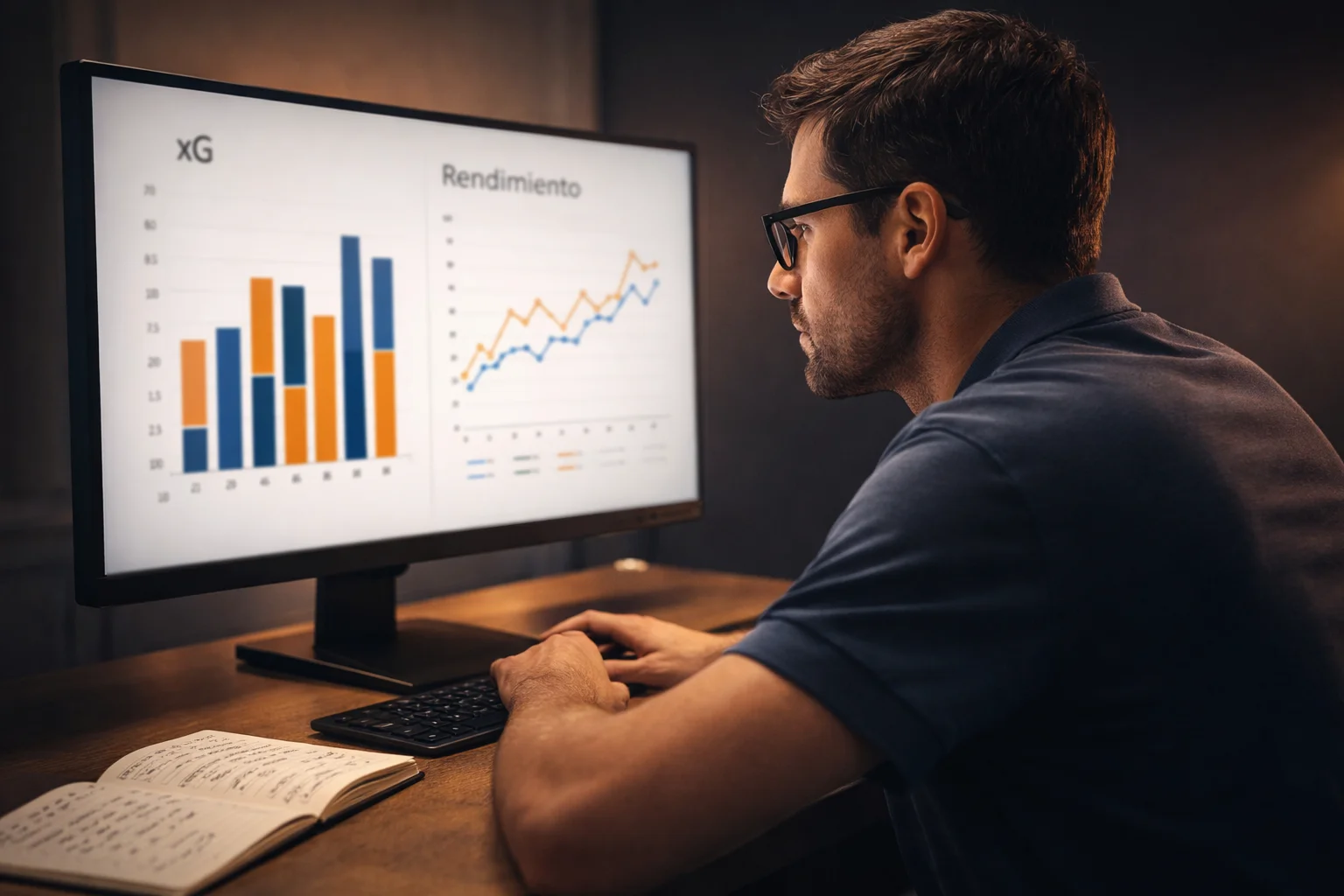 Analista deportivo revisando estadísticas de fútbol con gráficos de rendimiento en pantalla