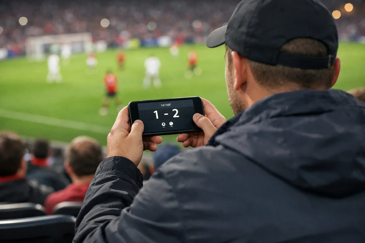 Aficionado siguiendo un partido de fútbol en vivo desde la grada con smartphone en la mano