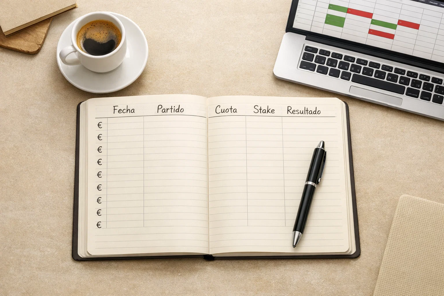 Persona escribiendo en una libreta la gestión de su bankroll junto a un portátil con datos deportivos