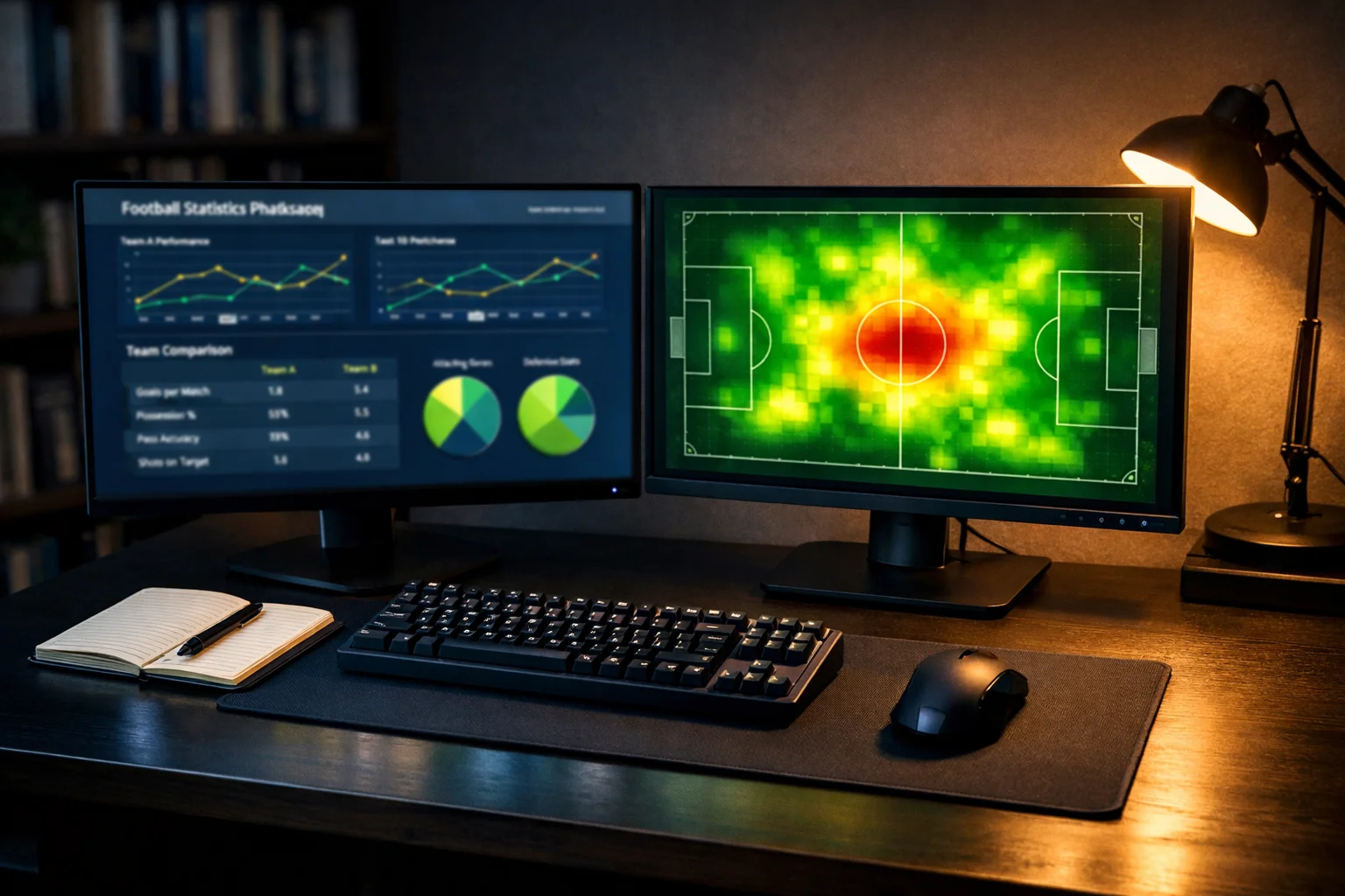 Escritorio organizado con múltiples pantallas mostrando datos y estadísticas de fútbol